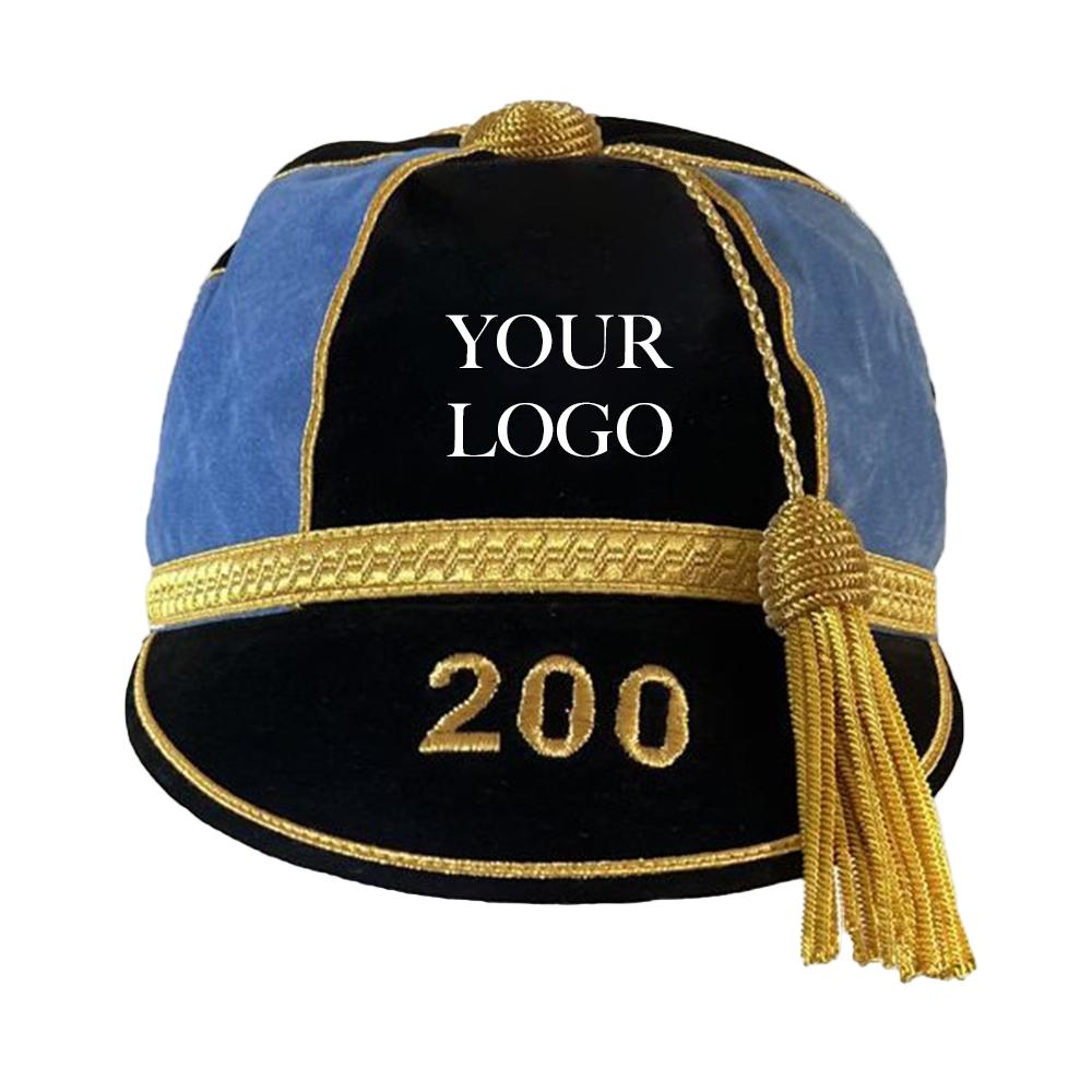 Black and blue cap with gold tassel and 'YOUR LOGO' text on a white background
