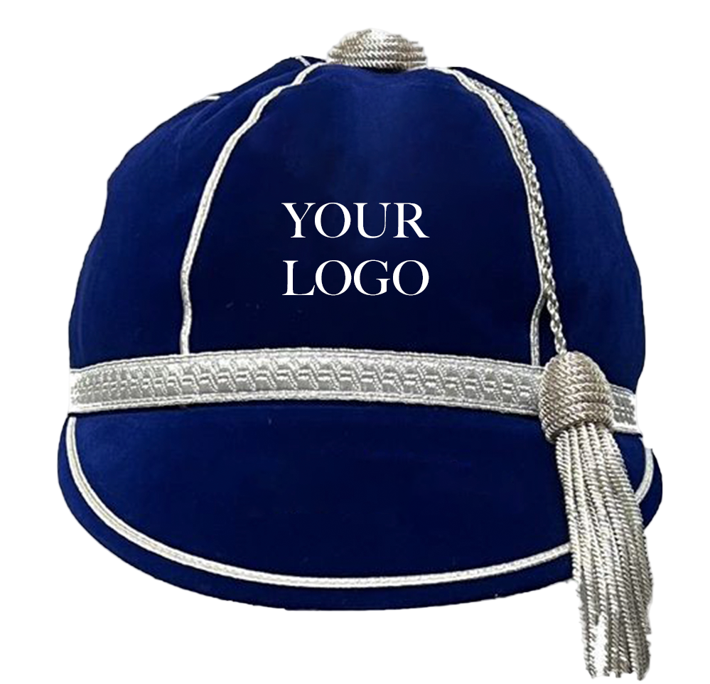 Blue cap with silver accents and tassel on a white background, ready for customization with 'YOUR LOGO'.
